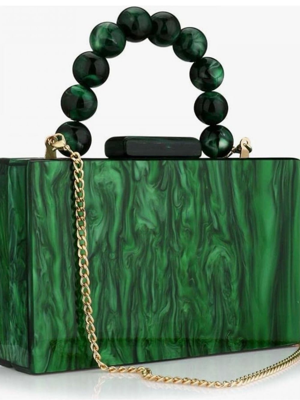 NEW Emerald Green Marble Acrylic Box Clutch with Beaded Handle